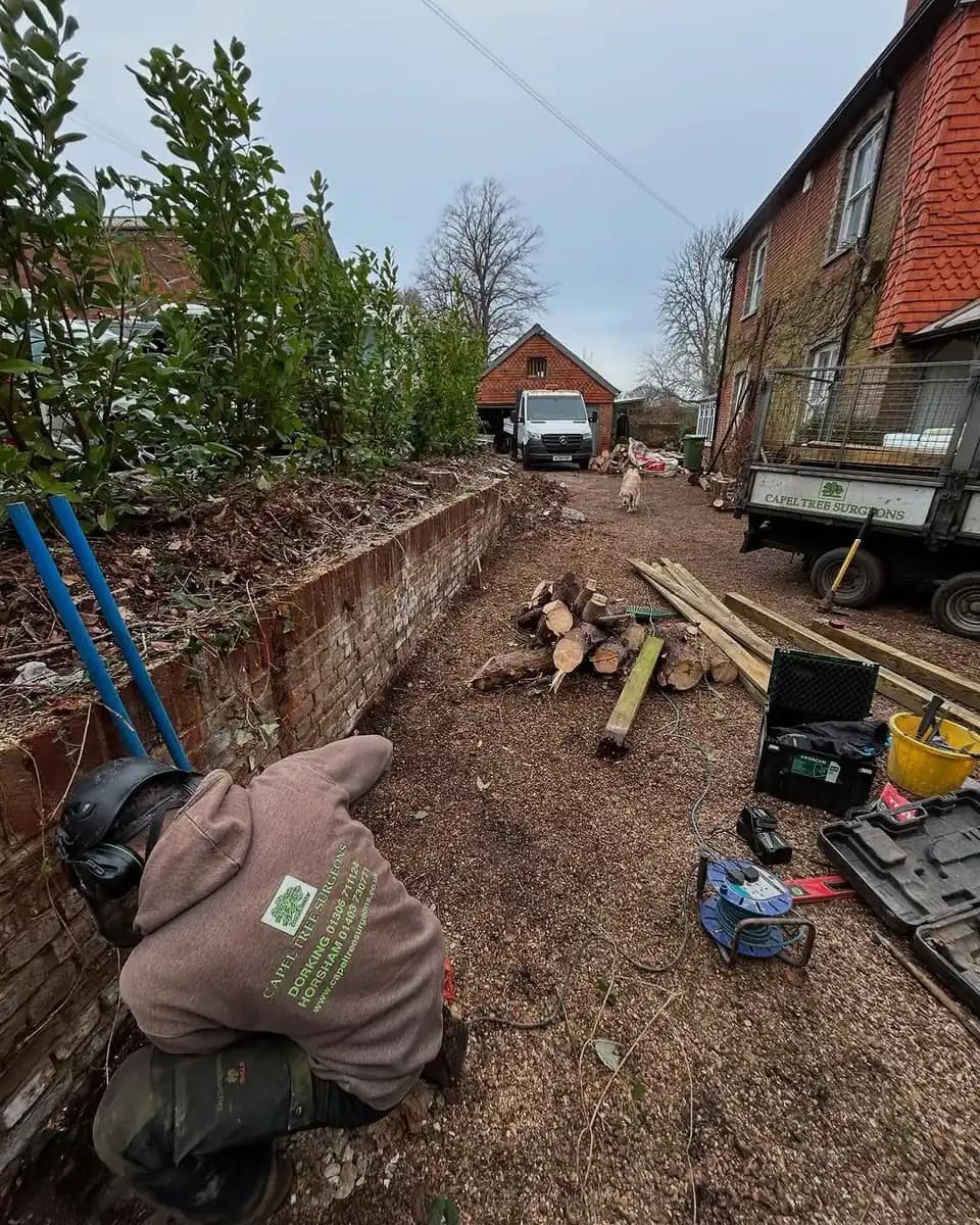 Ground worker preparing a residential site with cut timber and tools after tree work.