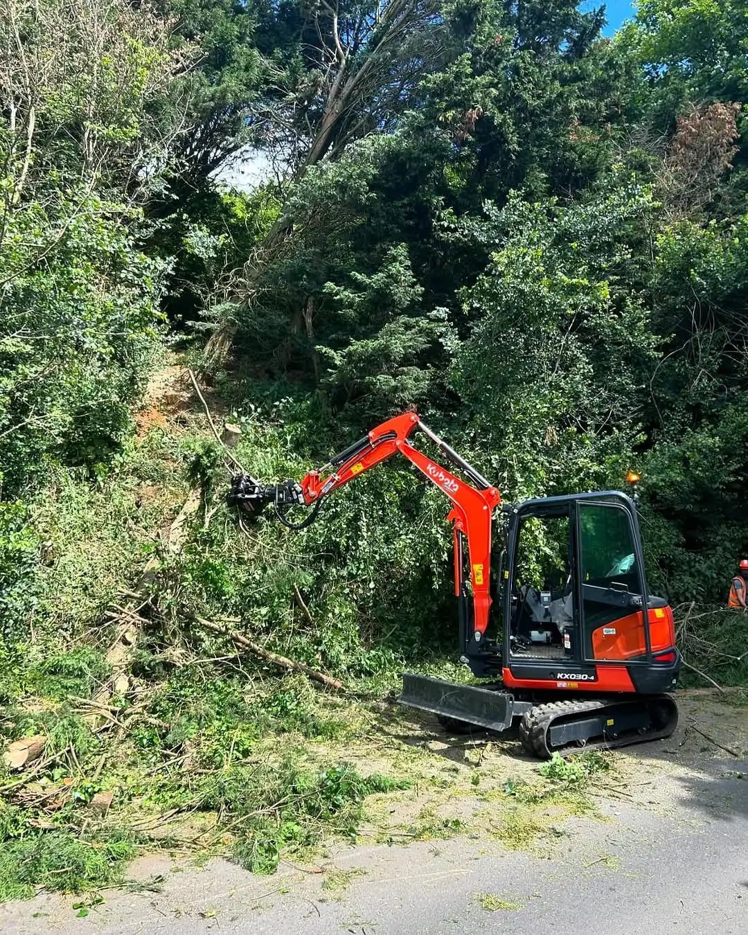Mini excavator and timber grab clearing large sections of felled timber from a garden site - image 4