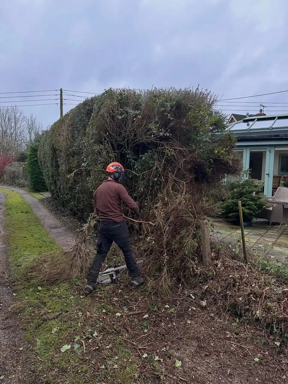 Operative cutting back an overgrown roadside hedge beside a residential property.